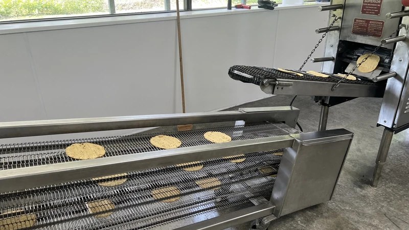 Corn tortillas on the oven line at Vermont Tortilla Company's Essex facility. Photo: Vermont Tortilla Company