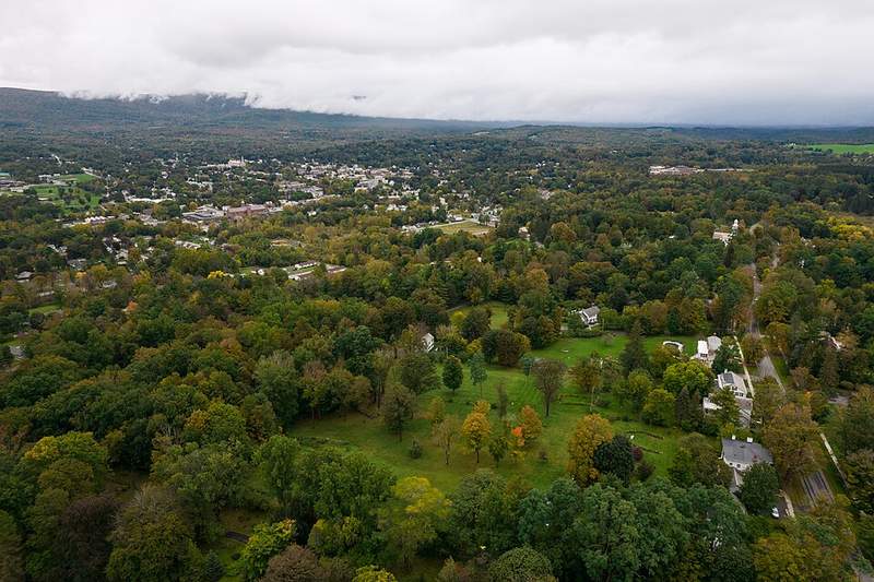 Aerial view of Bennington, Vermont in October